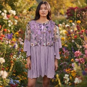 Umgee Lavender Floral Embroidered‎ Midi Dress